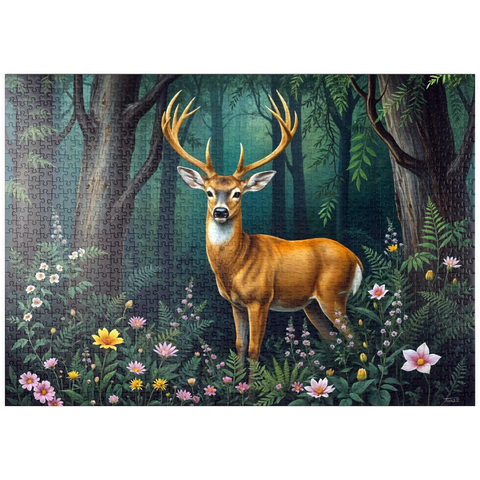 Darstellung des Puzzle Motivs Majestätischer Hirsch in einem ruhigen Wald mit Wildblumen puzzleplate Majestic Deer in a Serene Forest with Wildflowers 1000 Puzzle