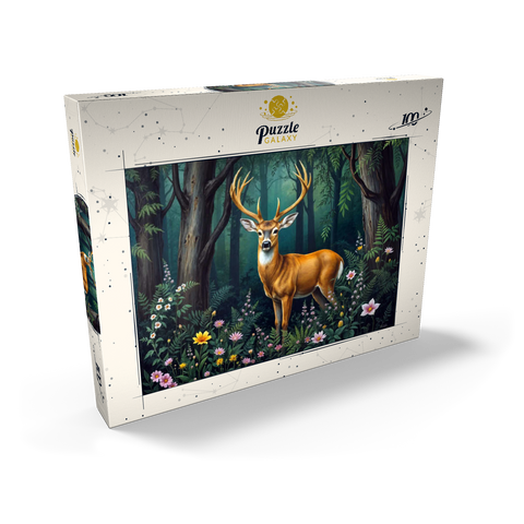 Darstellung des Puzzle Motivs Majestätischer Hirsch in einem ruhigen Wald mit Wildblumen Majestic Deer in a Serene Forest with Wildflowers 100 Puzzle Schachtel Ansicht2
