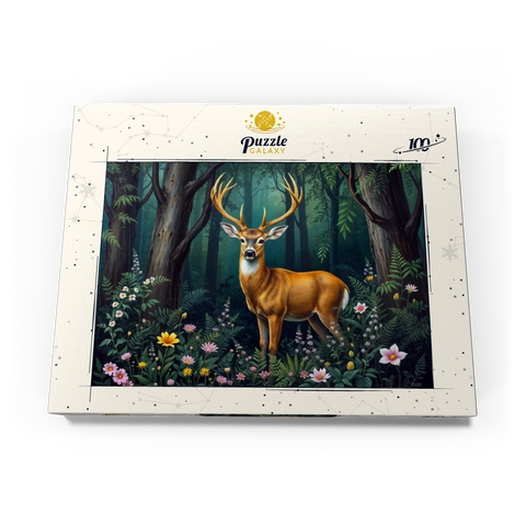 Darstellung des Puzzle Motivs Majestätischer Hirsch in einem ruhigen Wald mit Wildblumen Majestic Deer in a Serene Forest with Wildflowers 100 Puzzle Schachtel Ansicht3