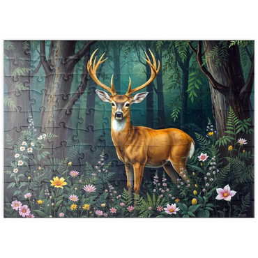 Darstellung des Puzzle Motivs puzzleplate Majestic Deer in a Serene Forest with Wildflowers 100 Puzzle