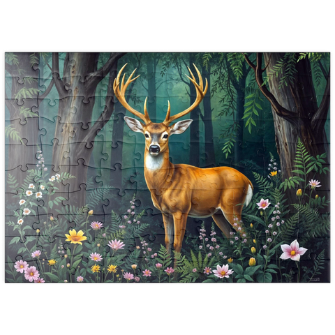 Darstellung des Puzzle Motivs Majestätischer Hirsch in einem ruhigen Wald mit Wildblumen puzzleplate Majestic Deer in a Serene Forest with Wildflowers 100 Puzzle