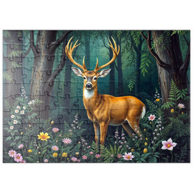 Darstellung des Puzzle Motivs Majestätischer Hirsch in einem ruhigen Wald mit Wildblumen - Puzzleteile: 100