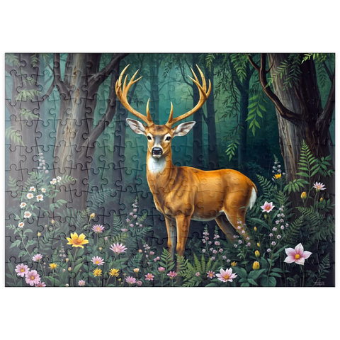 Darstellung des Puzzle Motivs Majestätischer Hirsch in einem ruhigen Wald mit Wildblumen puzzleplate Majestic Deer in a Serene Forest with Wildflowers 200 Puzzle