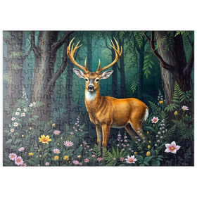 Darstellung des Puzzle Motivs Majestätischer Hirsch in einem ruhigen Wald mit Wildblumen - Puzzleteile: 200