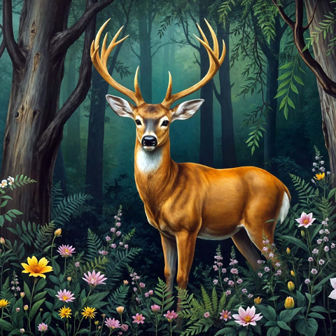 Darstellung des Puzzle Motivs Majestätischer Hirsch in einem ruhigen Wald mit Wildblumen Majestic Deer in a Serene Forest with Wildflowers 200 Puzzle 3D Modell