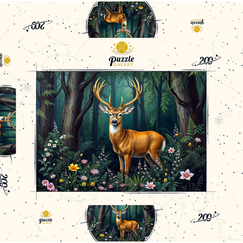 Darstellung des Puzzle Motivs Majestätischer Hirsch in einem ruhigen Wald mit Wildblumen Majestic Deer in a Serene Forest with Wildflowers 200 Puzzle Schachtel 3D Modell