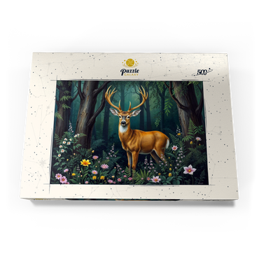 Darstellung des Puzzle Motivs Majestic Deer in a Serene Forest with Wildflowers 500 Puzzle Schachtel Ansicht3