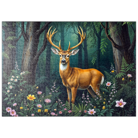 Darstellung des Puzzle Motivs Majestätischer Hirsch in einem ruhigen Wald mit Wildblumen - Puzzleteile: 500