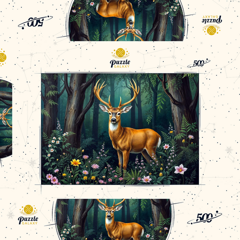 Darstellung des Puzzle Motivs Majestätischer Hirsch in einem ruhigen Wald mit Wildblumen Majestic Deer in a Serene Forest with Wildflowers 500 Puzzle Schachtel 3D Modell