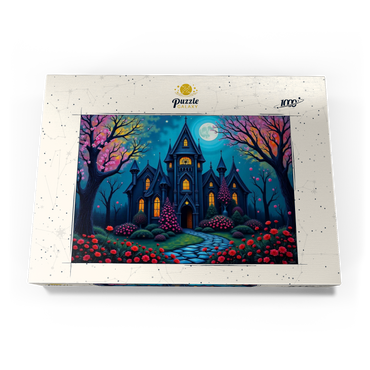 Darstellung des Puzzle Motivs Enchanting Gothic Mansion Under a Full Moon with Blooming Garden 1000 Puzzle Schachtel Ansicht3