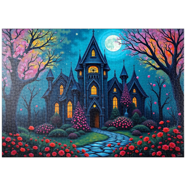 Darstellung des Puzzle Motivs puzzleplate Enchanting Gothic Mansion Under a Full Moon with Blooming Garden 1000 Puzzle