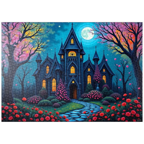 Darstellung des Puzzle Motivs Bezauberndes gotisches Herrenhaus bei Vollmond mit blühendem Garten puzzleplate Enchanting Gothic Mansion Under a Full Moon with Blooming Garden 1000 Puzzle