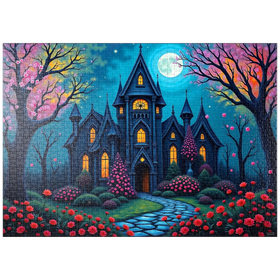 Darstellung des Puzzle Motivs Bezauberndes gotisches Herrenhaus bei Vollmond mit blühendem Garten - Puzzleteile: 1000
