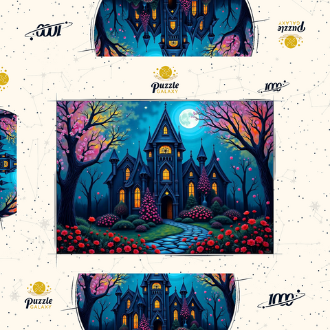 Darstellung des Puzzle Motivs Bezauberndes gotisches Herrenhaus bei Vollmond mit blühendem Garten Enchanting Gothic Mansion Under a Full Moon with Blooming Garden 1000 Puzzle Schachtel 3D Modell