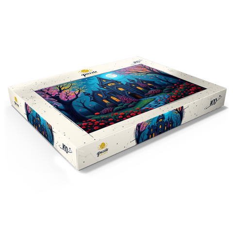 Darstellung des Puzzle Motivs Bezauberndes gotisches Herrenhaus bei Vollmond mit blühendem Garten Enchanting Gothic Mansion Under a Full Moon with Blooming Garden 100 Puzzle Schachtel Ansicht1