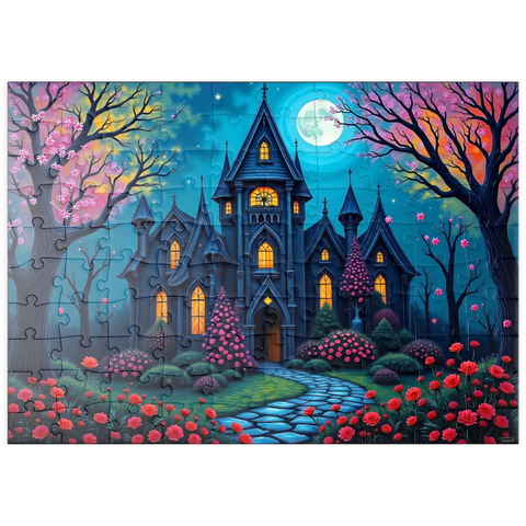 Darstellung des Puzzle Motivs Bezauberndes gotisches Herrenhaus bei Vollmond mit blühendem Garten puzzleplate Enchanting Gothic Mansion Under a Full Moon with Blooming Garden 100 Puzzle