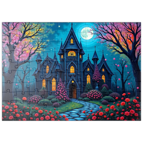Darstellung des Puzzle Motivs Bezauberndes gotisches Herrenhaus bei Vollmond mit blühendem Garten - Puzzleteile: 100