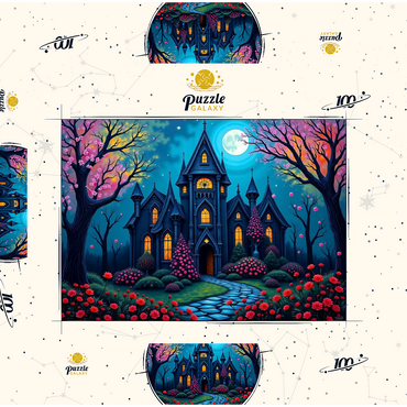 Darstellung des Puzzle Motivs Enchanting Gothic Mansion Under a Full Moon with Blooming Garden 100 Puzzle Schachtel 3D Modell