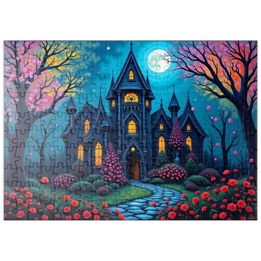 Darstellung des Puzzle Motivs puzzleplate Enchanting Gothic Mansion Under a Full Moon with Blooming Garden 200 Puzzle