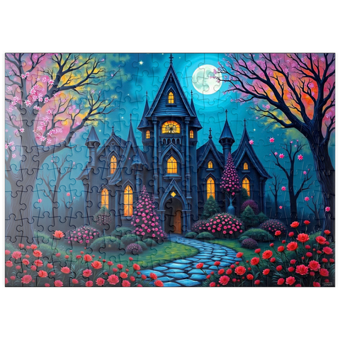 Darstellung des Puzzle Motivs Bezauberndes gotisches Herrenhaus bei Vollmond mit blühendem Garten puzzleplate Enchanting Gothic Mansion Under a Full Moon with Blooming Garden 200 Puzzle
