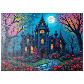 Darstellung des Puzzle Motivs Bezauberndes gotisches Herrenhaus bei Vollmond mit blühendem Garten - Puzzleteile: 200