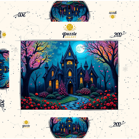 Darstellung des Puzzle Motivs Bezauberndes gotisches Herrenhaus bei Vollmond mit blühendem Garten Enchanting Gothic Mansion Under a Full Moon with Blooming Garden 200 Puzzle Schachtel 3D Modell