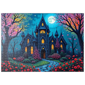 Darstellung des Puzzle-Motivs Bezauberndes gotisches Herrenhaus bei Vollmond mit blühendem Garten – Puzzleteile: 500