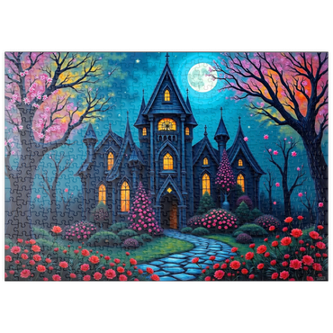 Darstellung des Puzzle Motivs puzzleplate Enchanting Gothic Mansion Under a Full Moon with Blooming Garden 500 Puzzle