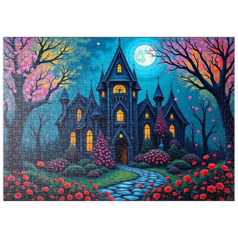 Darstellung des Puzzle Motivs Bezauberndes gotisches Herrenhaus bei Vollmond mit blühendem Garten puzzleplate Enchanting Gothic Mansion Under a Full Moon with Blooming Garden 500 Puzzle