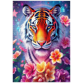 Darstellung des Puzzle-Motivs Lebendiger kosmischer Tiger mit Blumen und Edelsteinen – Puzzleteile: 1000