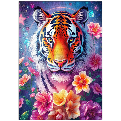 Darstellung des Puzzle Motivs Lebendiger kosmischer Tiger mit Blumen und Edelsteinen puzzleplate Vibrant Cosmic Tiger with Flowers and Gemstones 1000 Puzzle