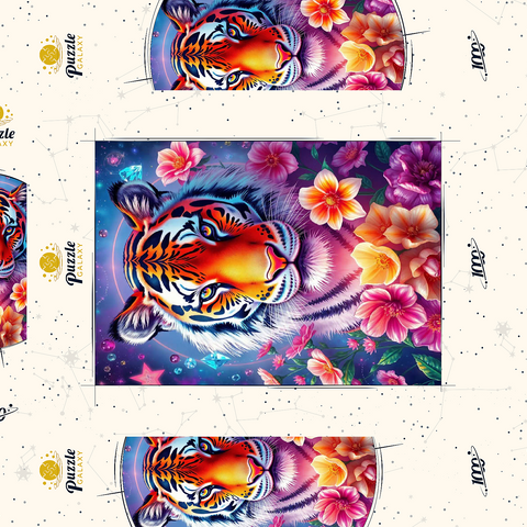 Darstellung des Puzzle Motivs Lebendiger kosmischer Tiger mit Blumen und Edelsteinen Vibrant Cosmic Tiger with Flowers and Gemstones 1000 Puzzle Schachtel 3D Modell