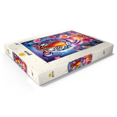 Darstellung des Puzzle Motivs Lebendiger kosmischer Tiger mit Blumen und Edelsteinen Vibrant Cosmic Tiger with Flowers and Gemstones 100 Puzzle Schachtel Ansicht1