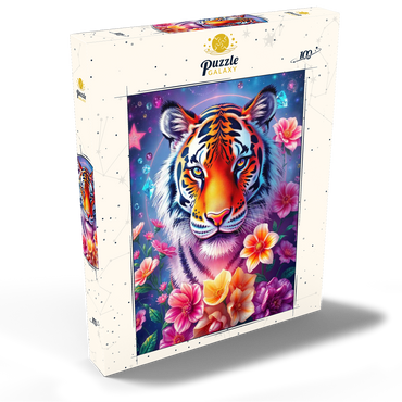 Darstellung des Puzzle Motivs Vibrant Cosmic Tiger with Flowers and Gemstones 100 Puzzle Schachtel Ansicht2