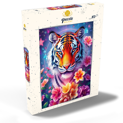 Darstellung des Puzzle Motivs Lebendiger kosmischer Tiger mit Blumen und Edelsteinen Vibrant Cosmic Tiger with Flowers and Gemstones 100 Puzzle Schachtel Ansicht2