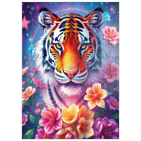Darstellung des Puzzle Motivs Lebendiger kosmischer Tiger mit Blumen und Edelsteinen puzzleplate Vibrant Cosmic Tiger with Flowers and Gemstones 100 Puzzle