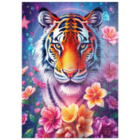 Darstellung des Puzzle Motivs Lebendiger kosmischer Tiger mit Blumen und Edelsteinen - Puzzleteile: 100