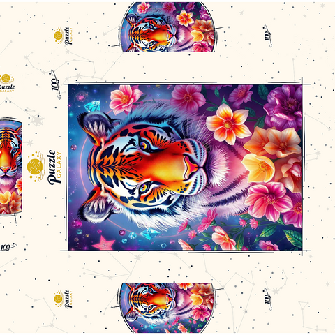 Darstellung des Puzzle Motivs Lebendiger kosmischer Tiger mit Blumen und Edelsteinen Vibrant Cosmic Tiger with Flowers and Gemstones 100 Puzzle Schachtel 3D Modell