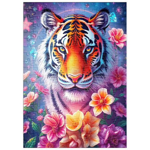 Darstellung des Puzzle Motivs Lebendiger kosmischer Tiger mit Blumen und Edelsteinen puzzleplate Vibrant Cosmic Tiger with Flowers and Gemstones 200 Puzzle
