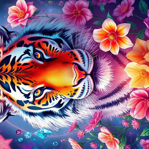Darstellung des Puzzle Motivs Lebendiger kosmischer Tiger mit Blumen und Edelsteinen Vibrant Cosmic Tiger with Flowers and Gemstones 200 Puzzle 3D Modell
