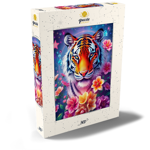 Darstellung des Puzzle Motivs Lebendiger kosmischer Tiger mit Blumen und Edelsteinen Vibrant Cosmic Tiger with Flowers and Gemstones 500 Puzzle Schachtel Ansicht2