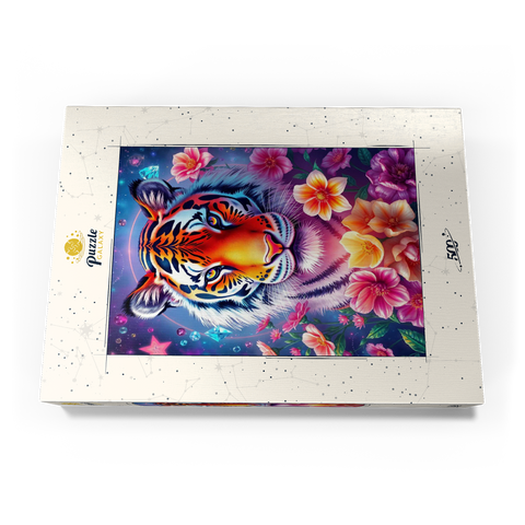 Darstellung des Puzzle Motivs Lebendiger kosmischer Tiger mit Blumen und Edelsteinen Vibrant Cosmic Tiger with Flowers and Gemstones 500 Puzzle Schachtel Ansicht3