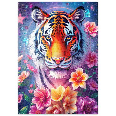 Darstellung des Puzzle Motivs Lebendiger kosmischer Tiger mit Blumen und Edelsteinen puzzleplate Vibrant Cosmic Tiger with Flowers and Gemstones 500 Puzzle