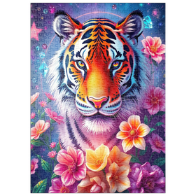 Darstellung des Puzzle Motivs Lebendiger kosmischer Tiger mit Blumen und Edelsteinen - Puzzleteile: 500