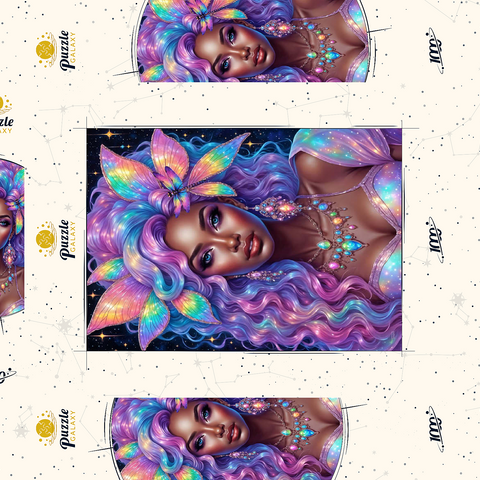 Darstellung des Puzzle Motivs Himmlische Göttin mit Regenbogenhaaren und kosmischem Schmuck Celestial Goddess with Rainbow Hair and Cosmic Jewelry 1000 Puzzle Schachtel 3D Modell