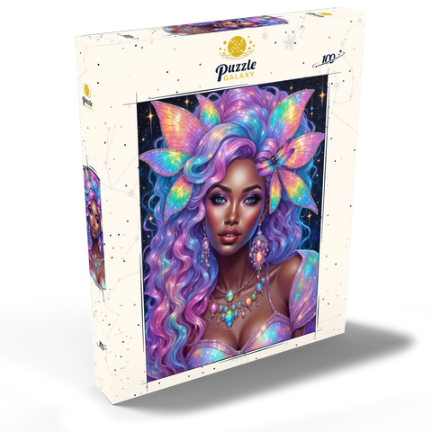Darstellung des Puzzle Motivs Himmlische Göttin mit Regenbogenhaaren und kosmischem Schmuck Celestial Goddess with Rainbow Hair and Cosmic Jewelry 100 Puzzle Schachtel Ansicht2