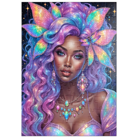 Darstellung des Puzzle Motivs Himmlische Göttin mit Regenbogenhaaren und kosmischem Schmuck - Puzzleteile: 100