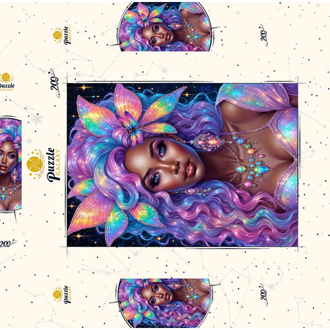 Darstellung des Puzzle Motivs Himmlische Göttin mit Regenbogenhaaren und kosmischem Schmuck Celestial Goddess with Rainbow Hair and Cosmic Jewelry 200 Puzzle Schachtel 3D Modell