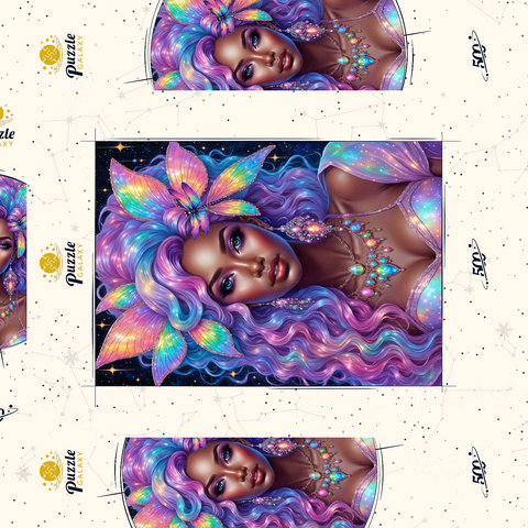 Darstellung des Puzzle Motivs Himmlische Göttin mit Regenbogenhaaren und kosmischem Schmuck Celestial Goddess with Rainbow Hair and Cosmic Jewelry 500 Puzzle Schachtel 3D Modell