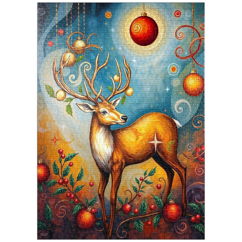 Darstellung des Puzzle Motivs Festlicher Weihnachtshirsch mit Ornamenten und Stechpalmen puzzleplate Festive Christmas Deer with Ornaments and Holly 1000 Puzzle